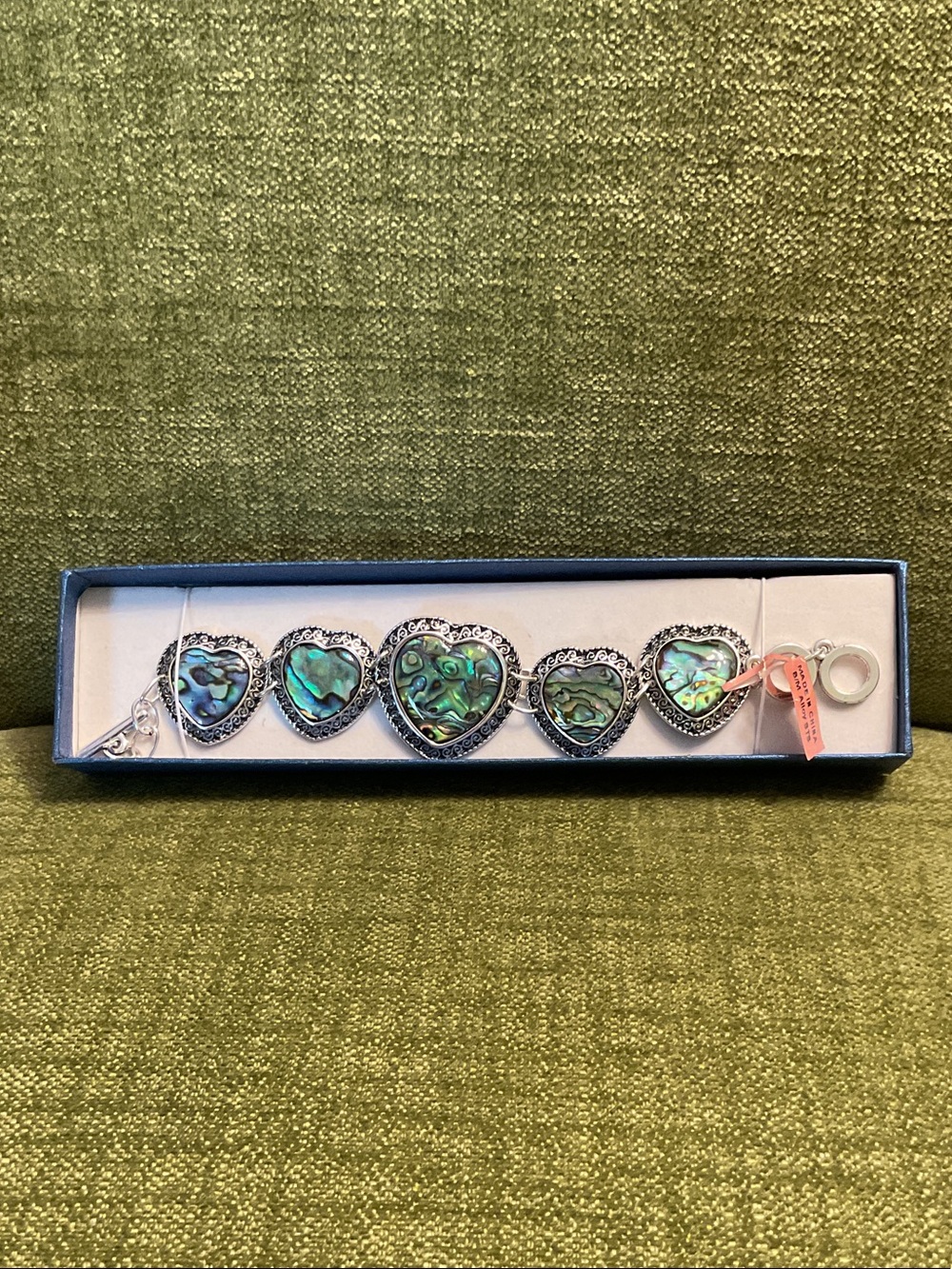 QVC Abalone Heart Link Bracelet in Iridescent Green-Blue